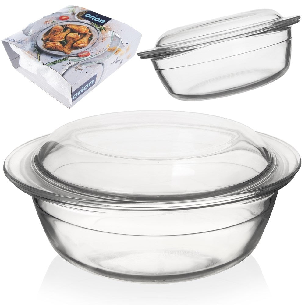 Round baking dish with lid, durable borosilicate glass, dishwasher safe