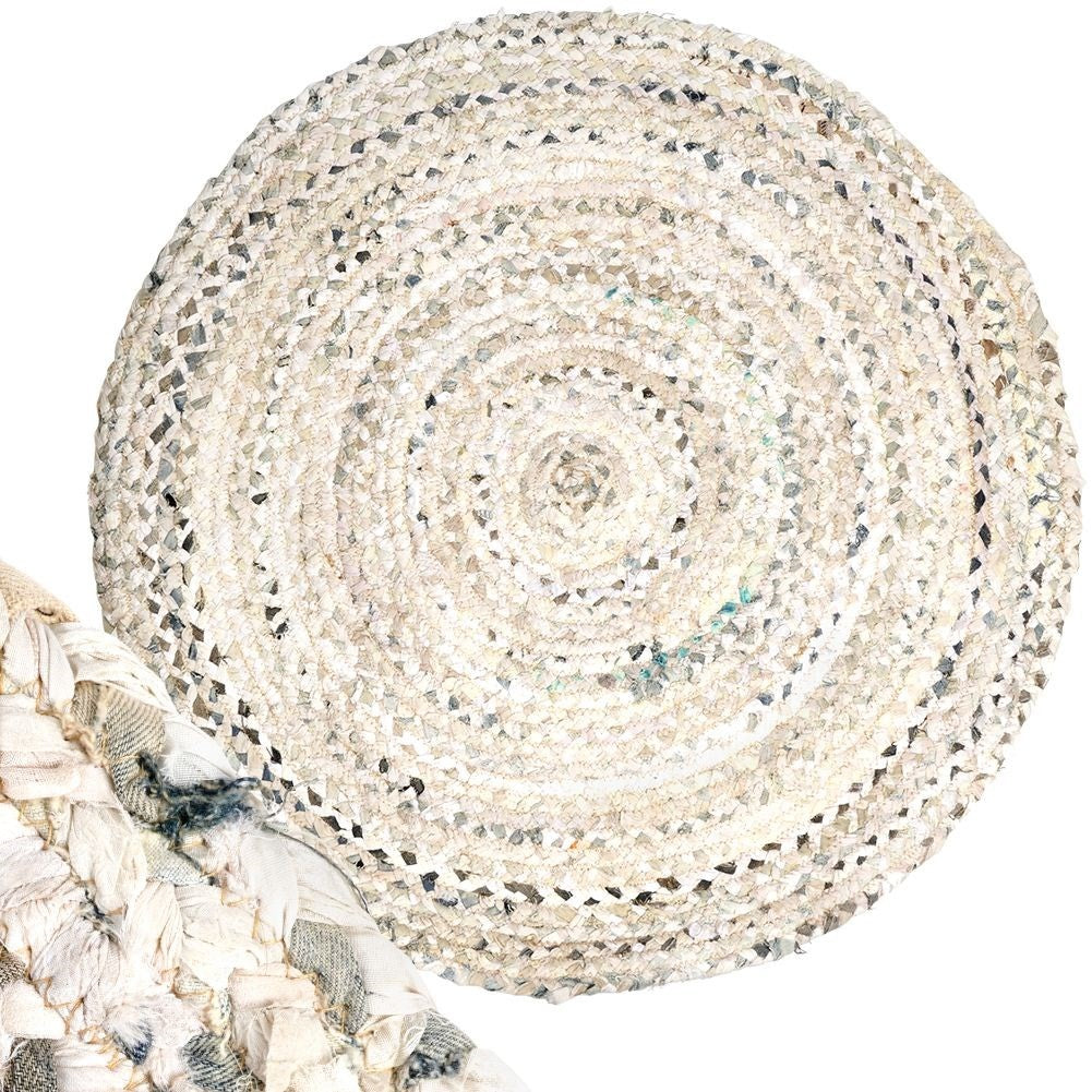 Round beige cotton rug with an interesting pattern
