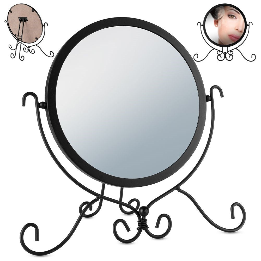 Round cosmetic mirror with stand in stylish black metal