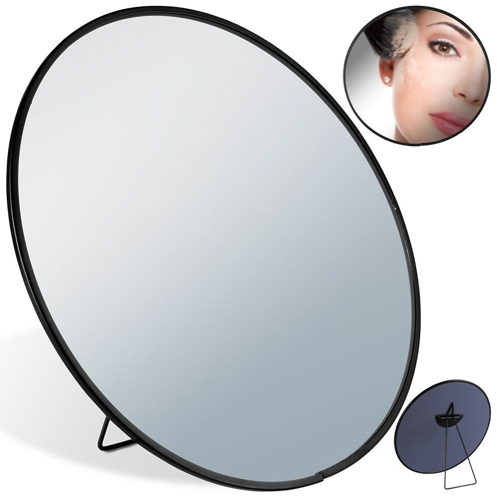 Round makeup mirror on stand, black metal, versatile use