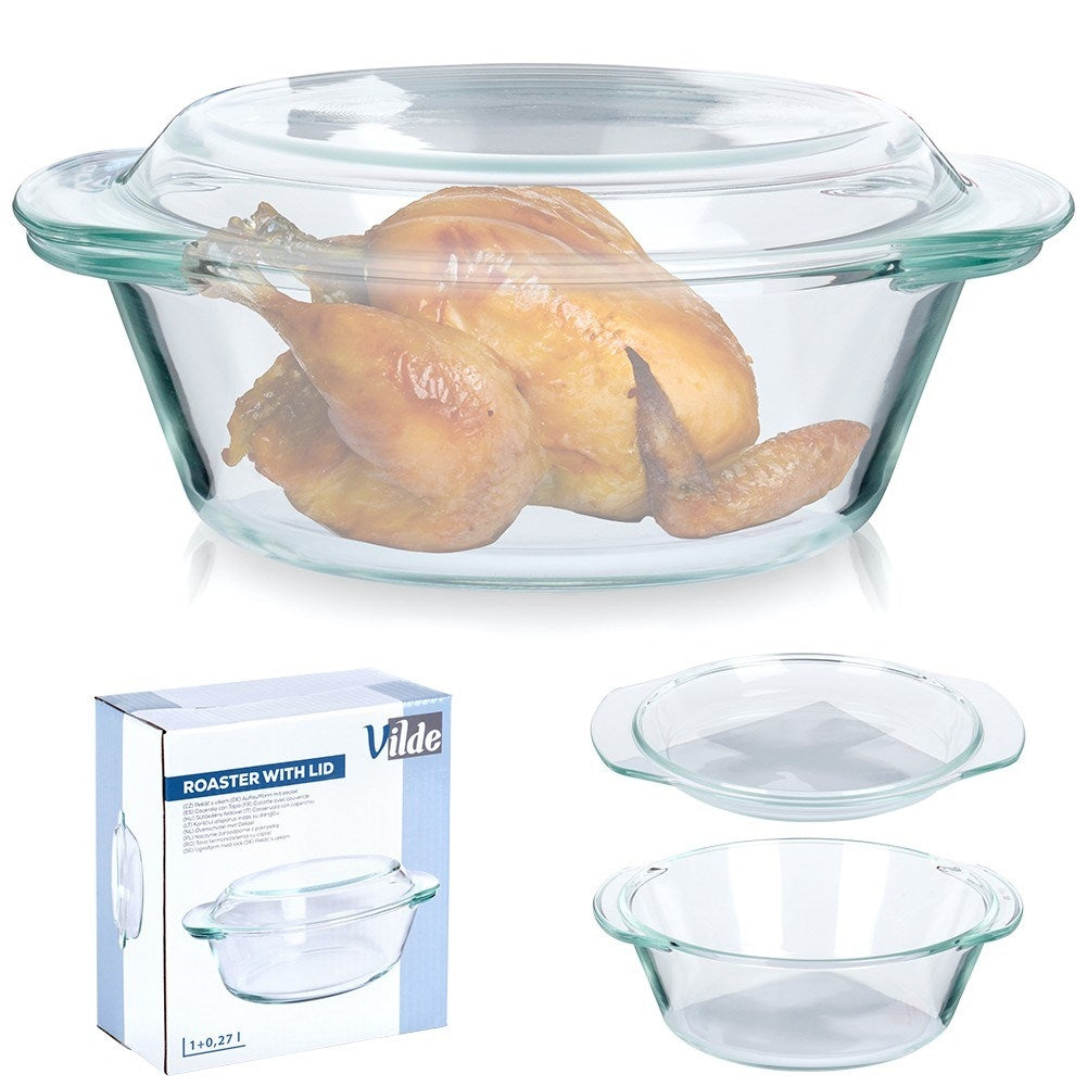 Round oven dish in borosilicate glass with lid, dishwasher safe