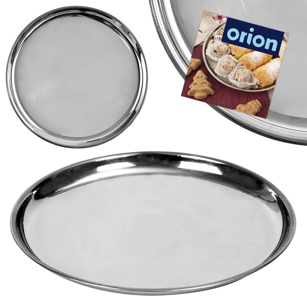 Round serving tray in highly polished stainless steel