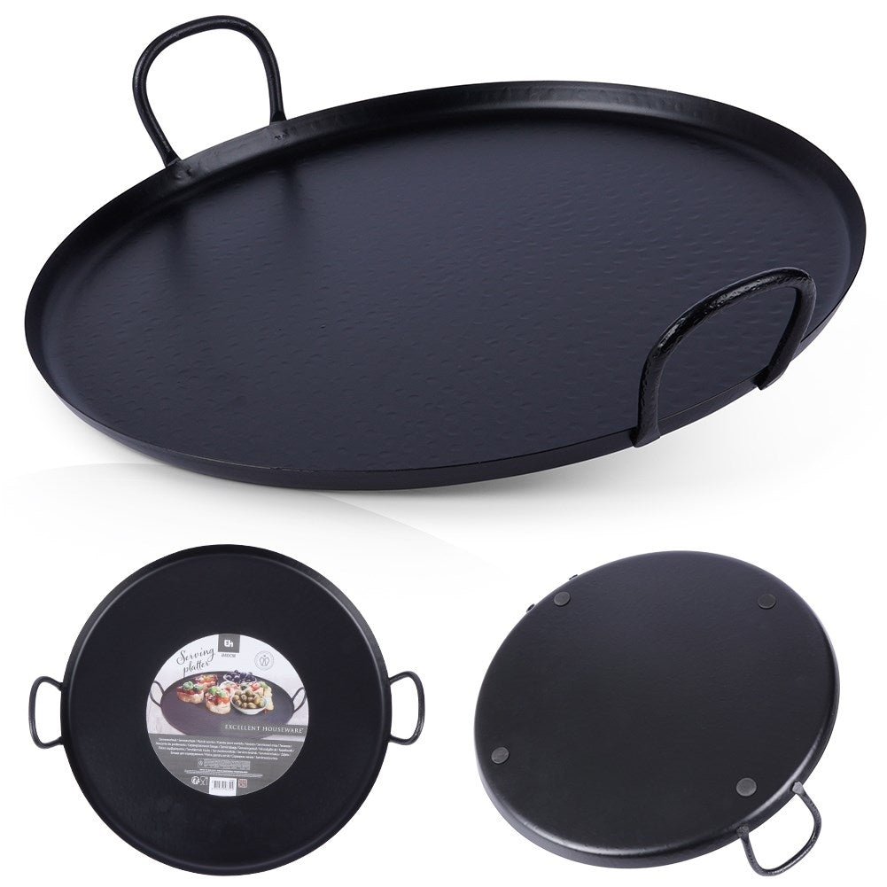 Round serving tray in matt black stainless steel