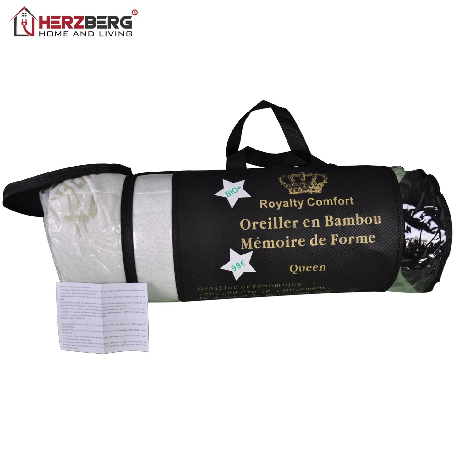 Royalty Comfort HG-5076BM: Bamboo Luxury Pillow with Ergonomic Memory Foam - Queen