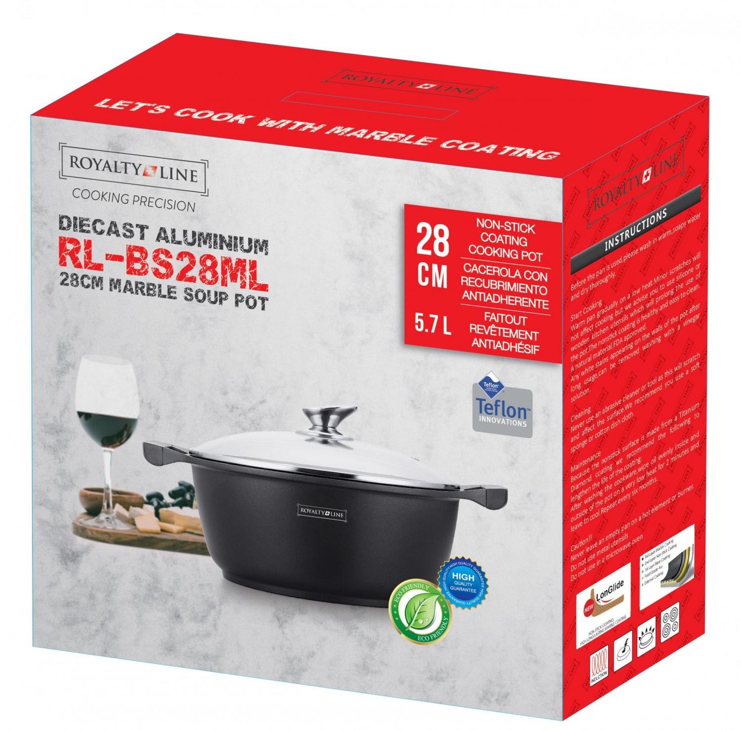 Royalty Line RL-BS28M: Marble Coated Cooking Pot with Glass Lid - 28cm