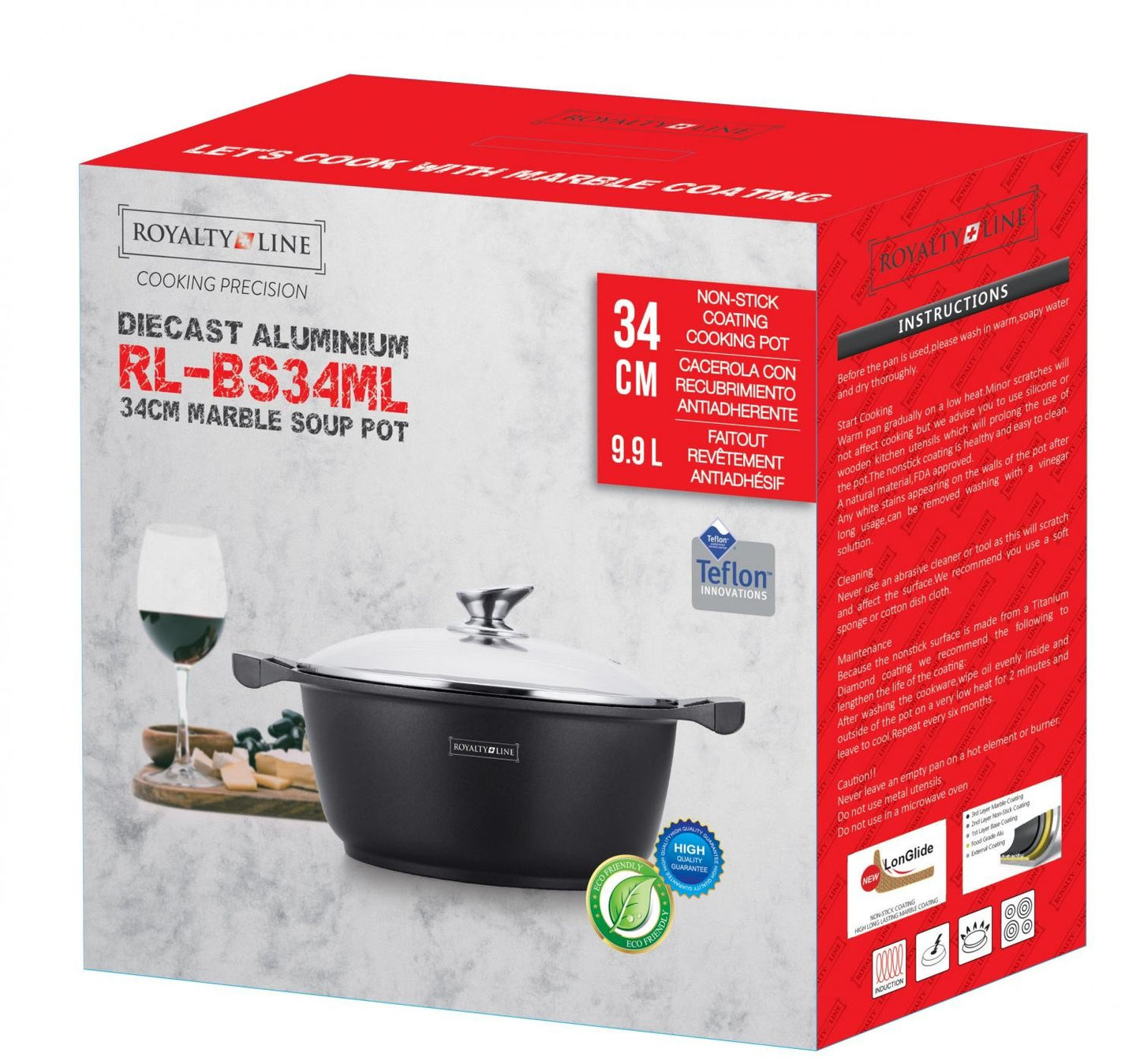 Royalty Line RL-BS34M: Marble Coated Cooking Pot & Casserole - 34cm Black