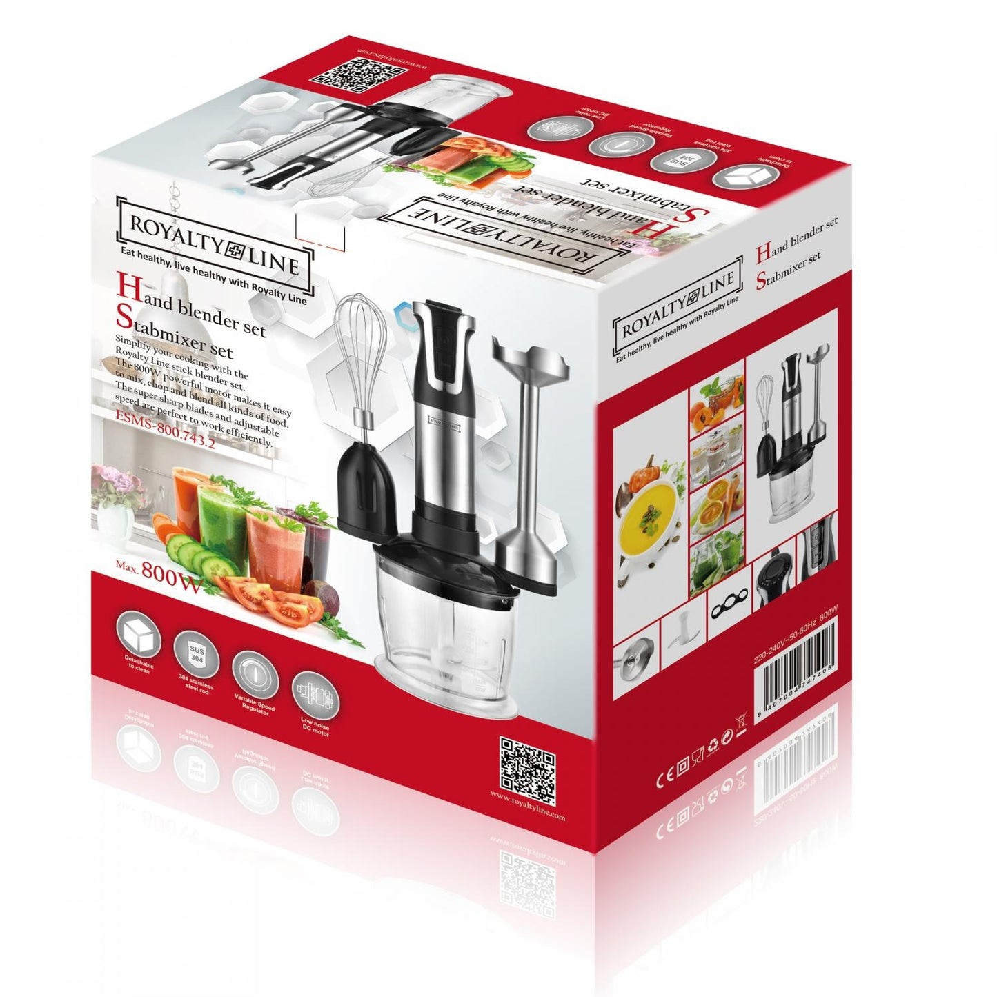 Royalty Line RL-ESMS800BLK: 3-in-1 Hand Blender Set - Power Whisk, Immersion Blender, Chopper - Black