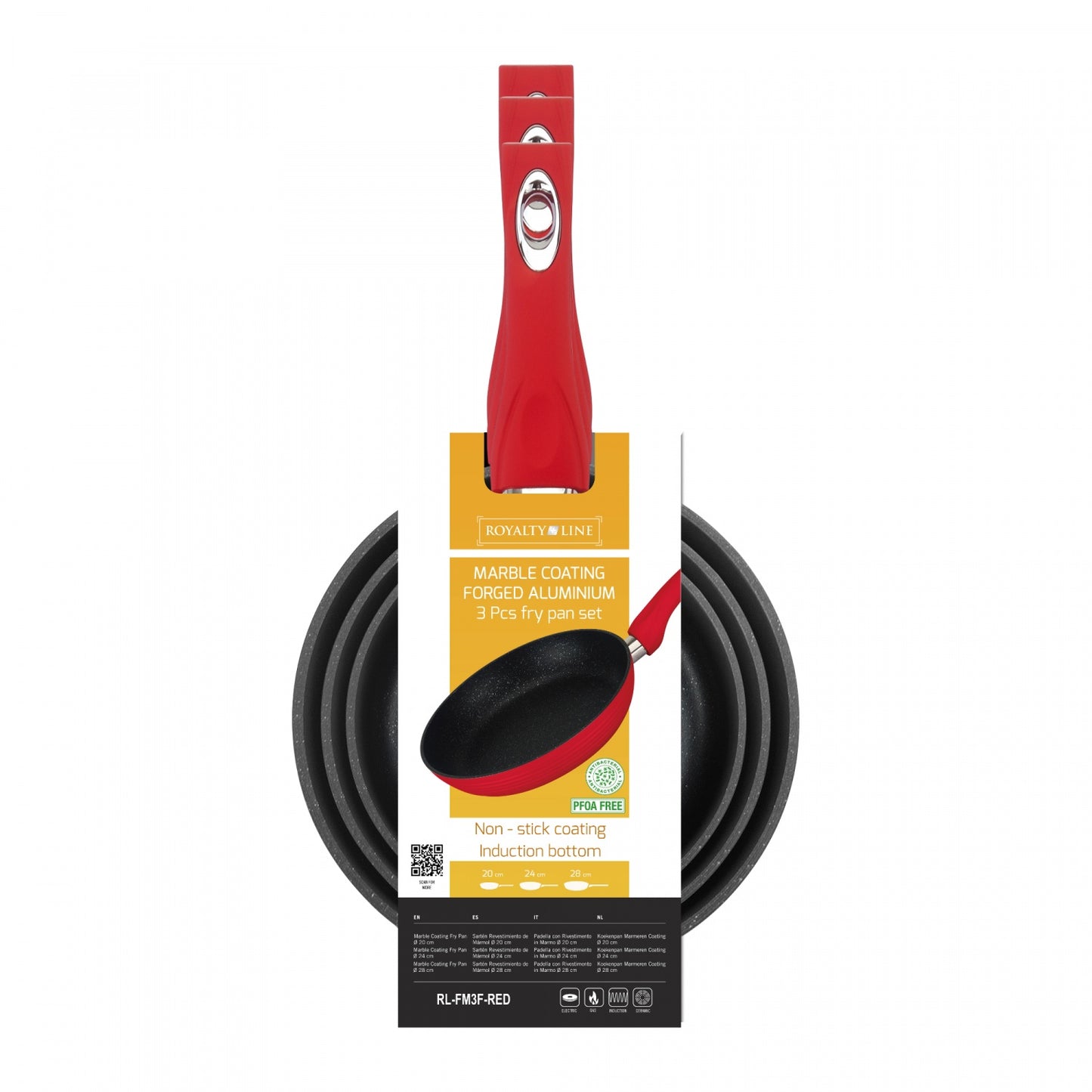 Royalty Line RL-FM3F: Marble Coating Forged Aluminum 3 Pieces Fry Pan Set Red