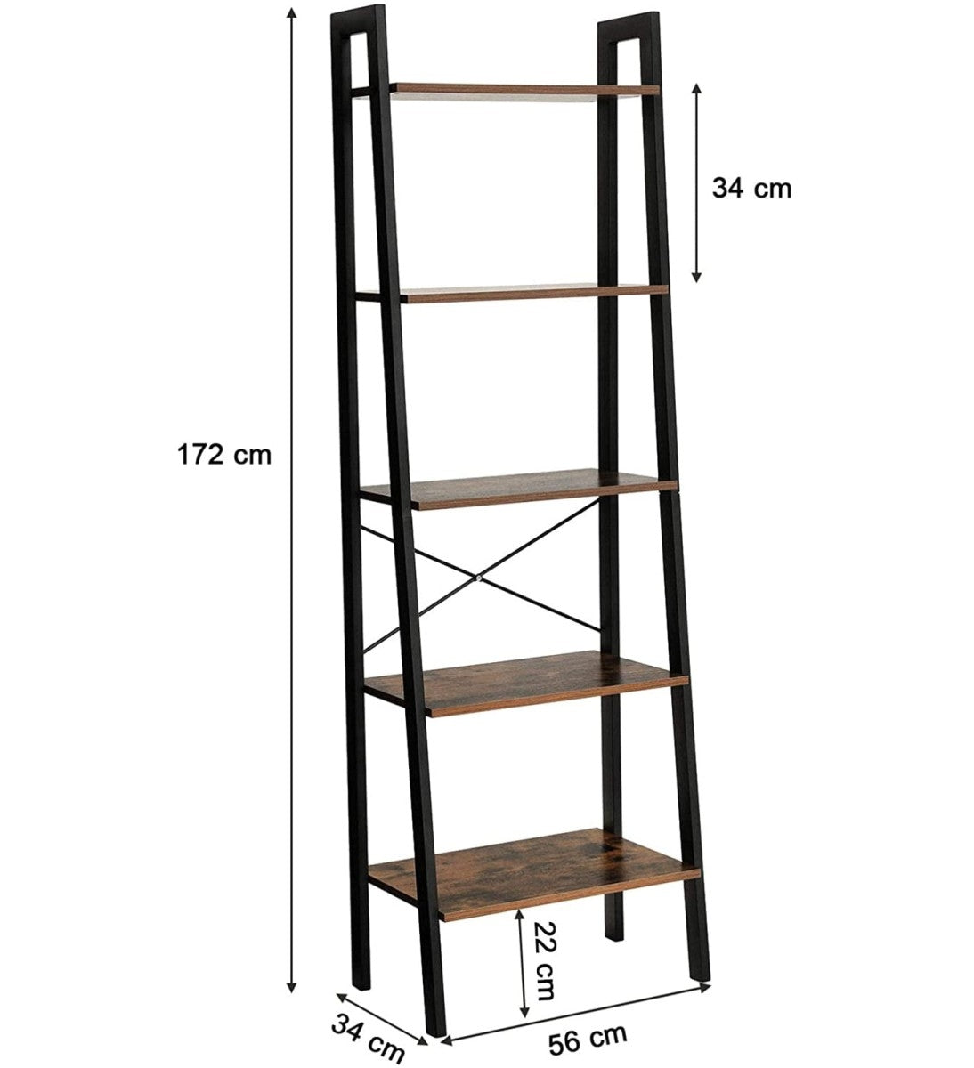 Rustic style bookcase with 5 shelves, metal loft frame