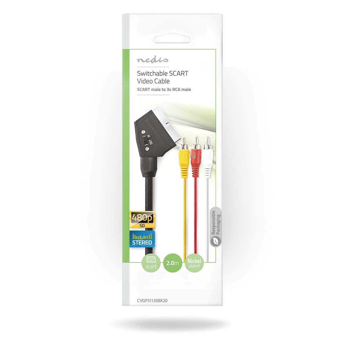 SCART cable | SCART Male | 3x RCA Male | Nickel Plated | Interchangeable | 480p | 2.00 m | Round | PVC | Black | Plastic bag