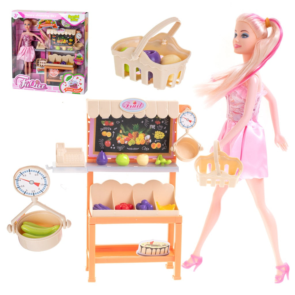 Salesgirl doll on a shopping spree in a supermarket vegetable store