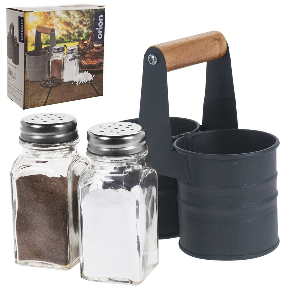 Salt and Pepper Shakers in Glass with Metal Stand