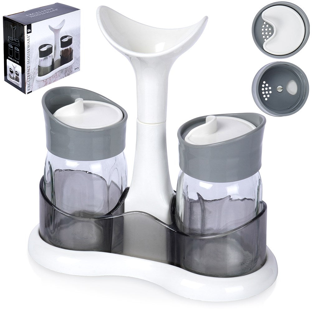 Salt and pepper shakers with stand, 3 pieces
