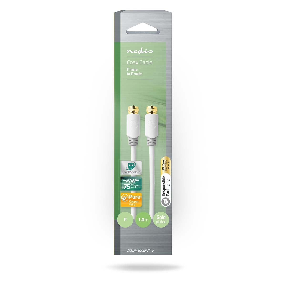 Satellite & Antenna cable | F Male | F Male | Gold Plated | 75 Ohm | Single shell protection | 1.00 m | Round | PVC | White | Box