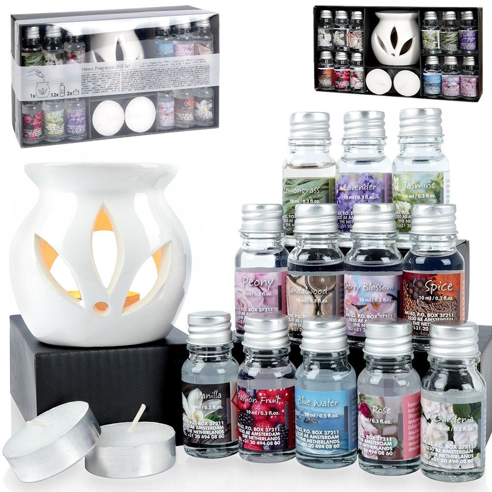 Scent diffuser in white ceramic with 12 scents and tealight candle