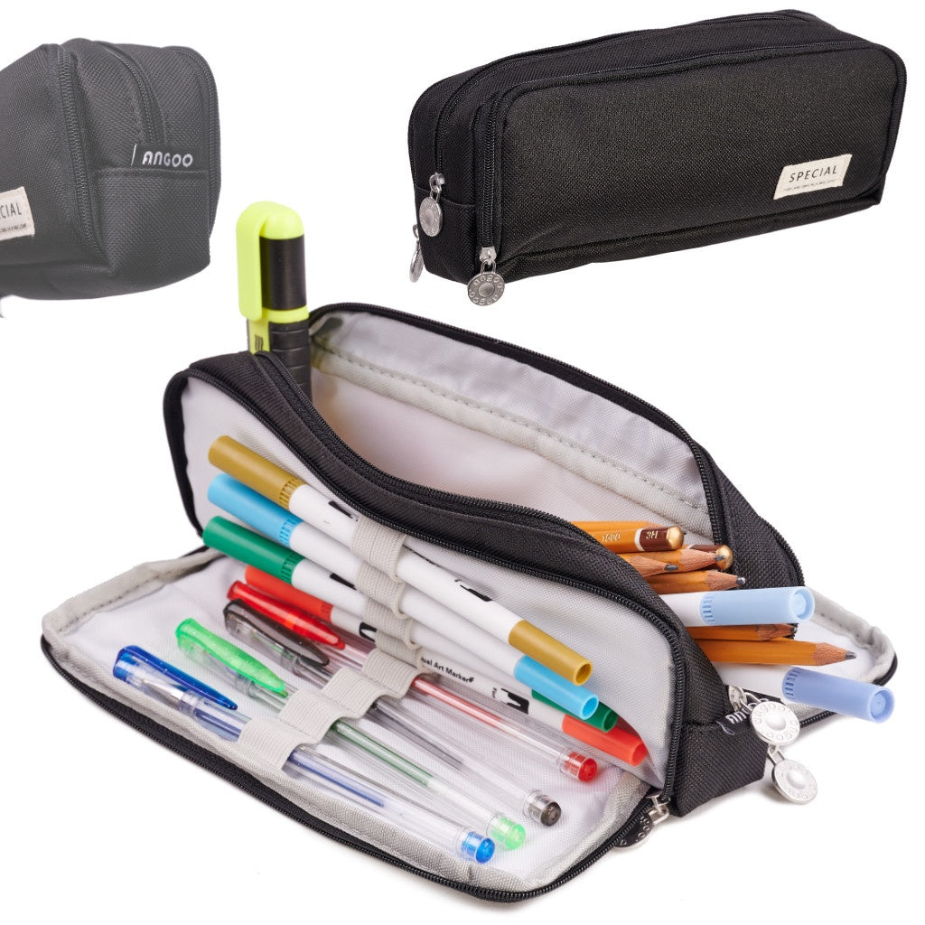 School pencil case triple sachet vanity case 3in1 black