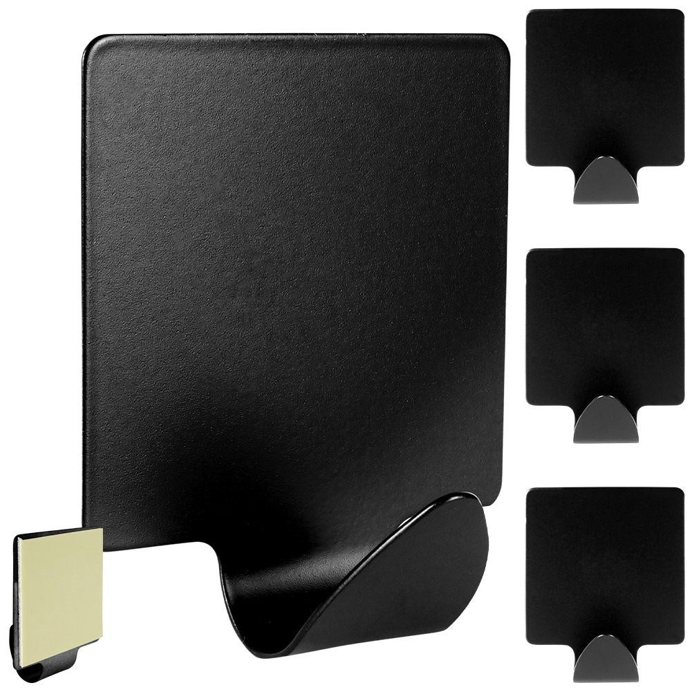 Self-adhesive black hooks in matt stainless steel, 4-pack