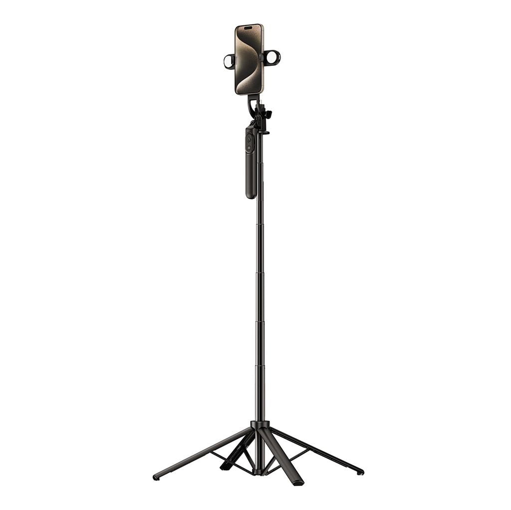 Selfie stick / Telescopic tripod with lamps and phone holder, 1.75m - black