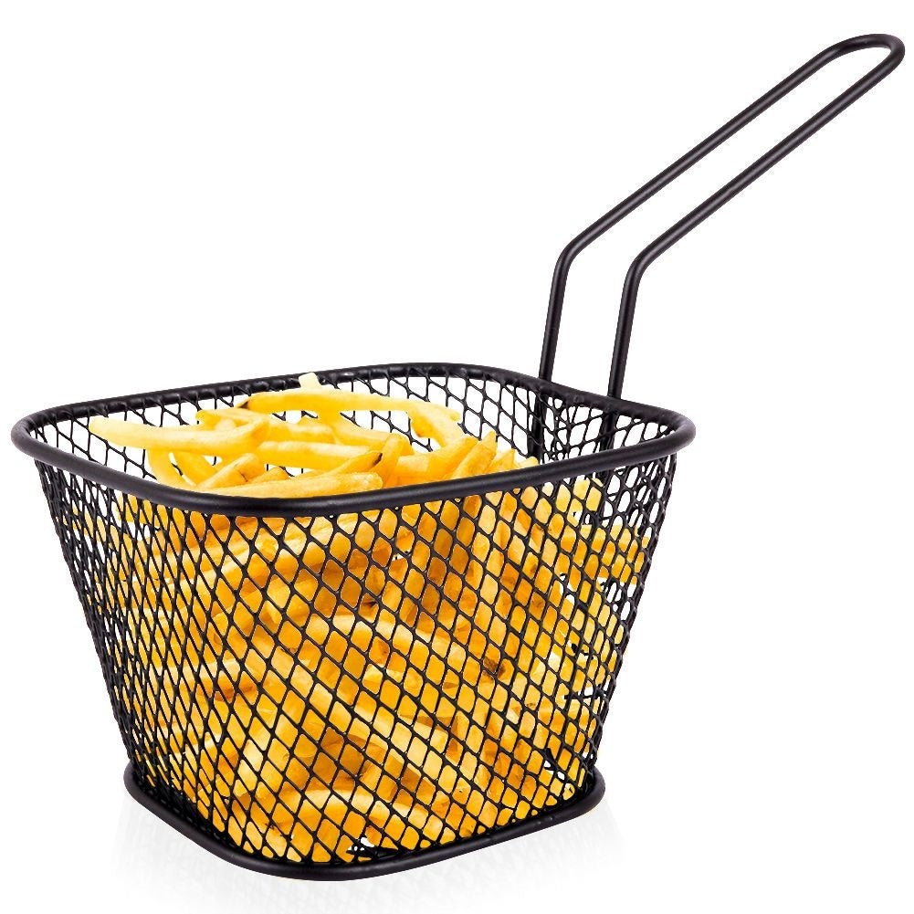 Serving basket in stainless steel with handle and black finish