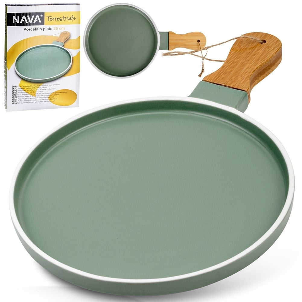 Serving platter in green porcelain with bamboo handle for snacks