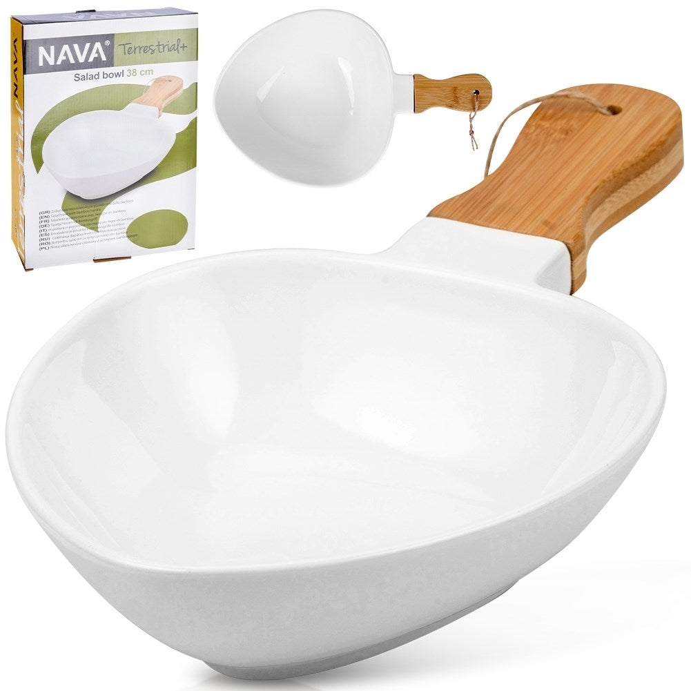 Serving platter in porcelain and bamboo with handle