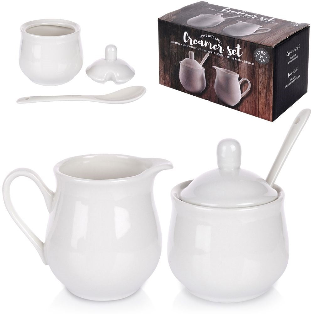 Set for serving sugar and milk in white porcelain