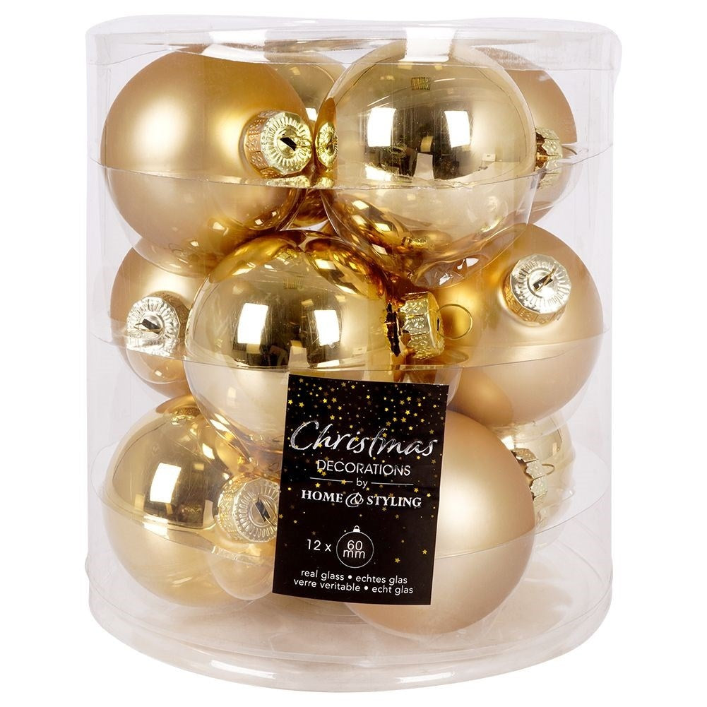 Set of 12 Golden Christmas Tree Balls in Glass, Matt and Shiny