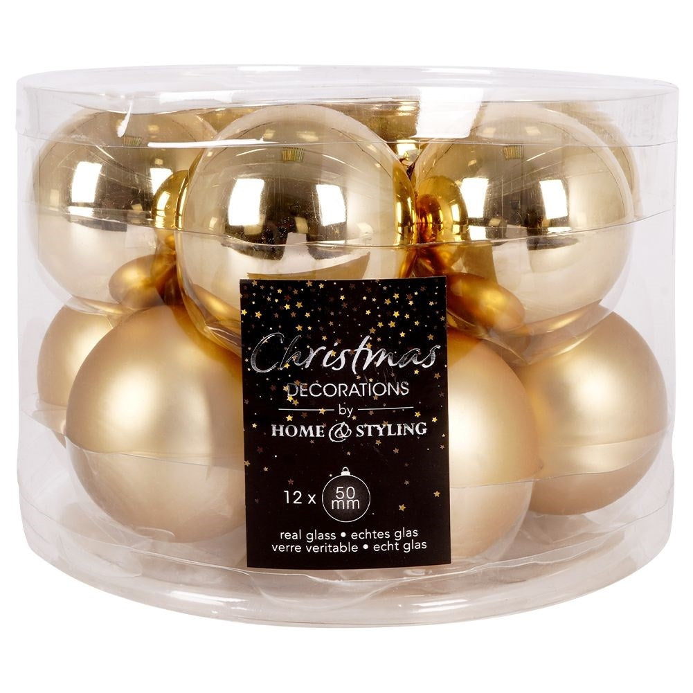 Set of 12 decorative golden Christmas tree balls in glass