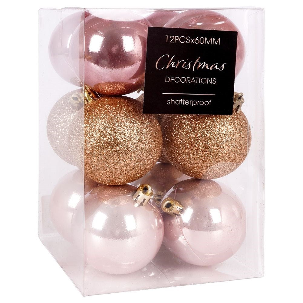 Set of 12 unbreakable pink Christmas tree balls - glitter & matte