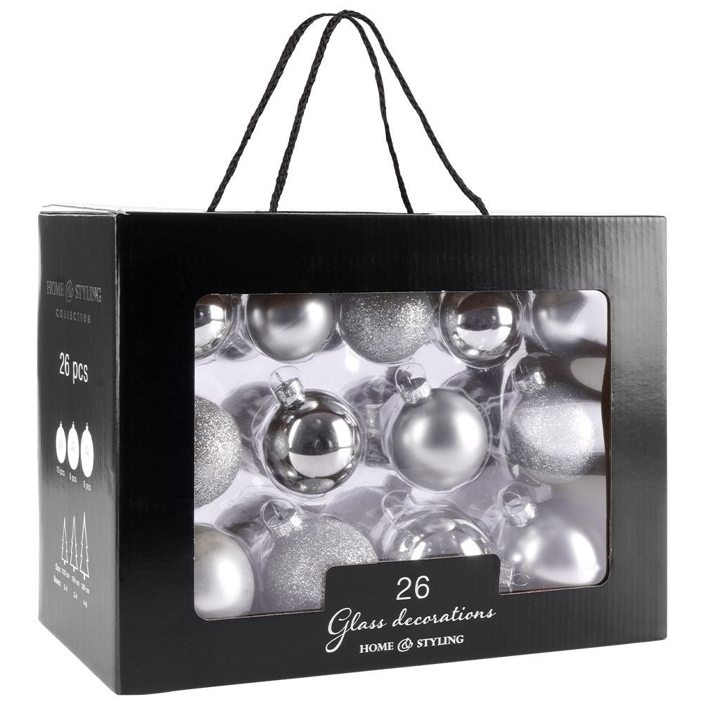 Set of 26 Christmas tree balls in glass - silver, matt & glittery