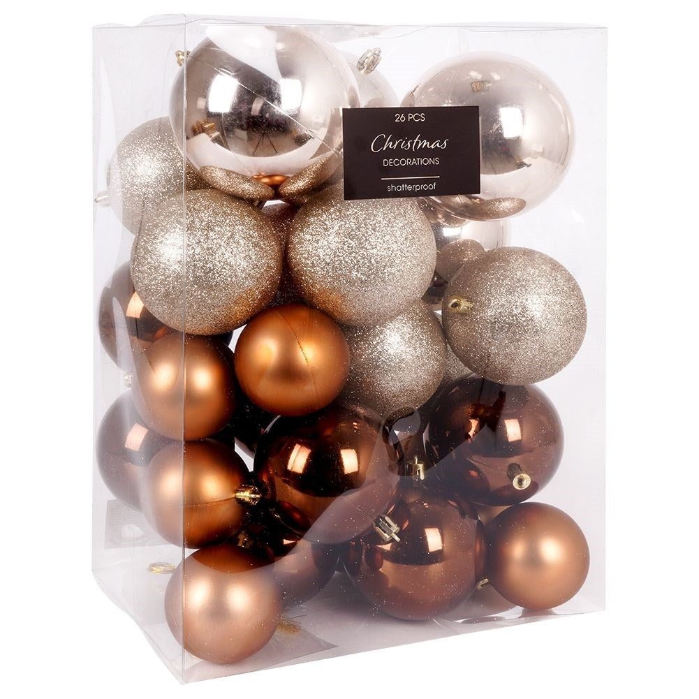Set of 26 Unbreakable Christmas Baubles in Amber and Mother of Pearl