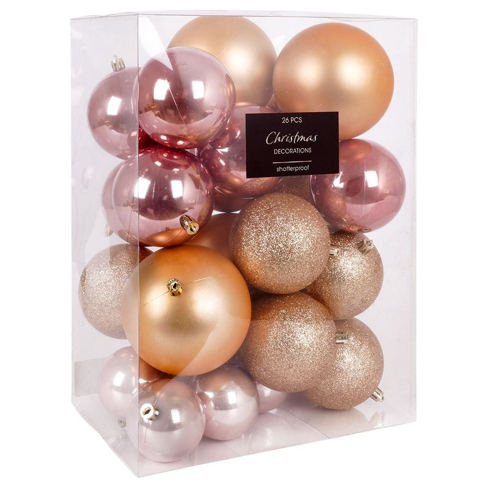 Set of 26 unbreakable Christmas tree balls in gold and pink