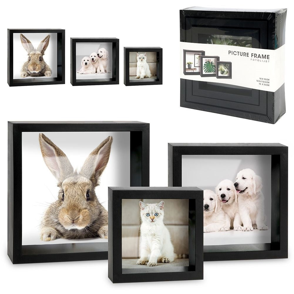 Set of 3 black photo frames in different sizes with glass front