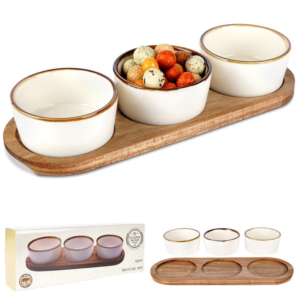 Set of 3 bowls on acacia tray for snacks and dips