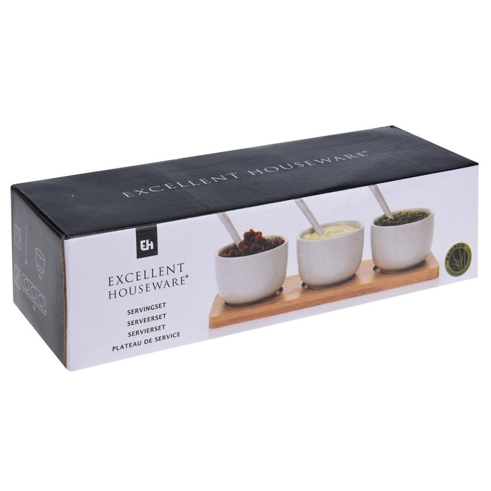Set of 3 ceramic bowls on bamboo tray with spoons for serving