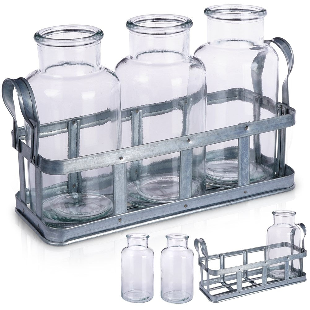 Set of 3 elegant glass vases on a stylish metal stand