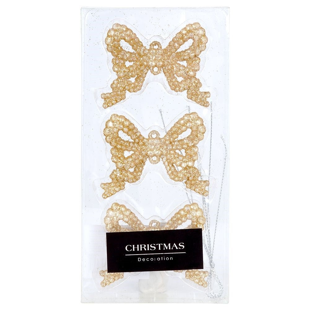 Set of 3 glittering Christmas baubles in the shape of a bow