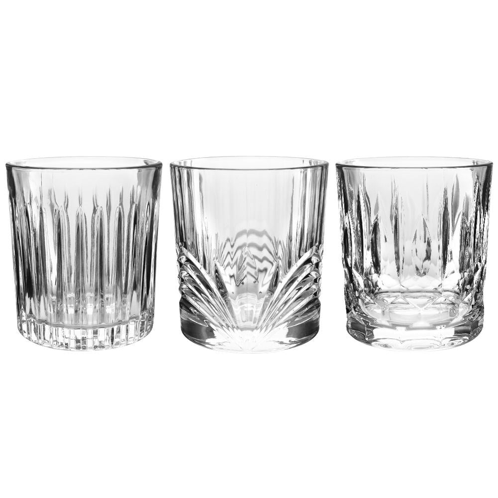 Set of 3 thick glasses with different decorations, dishwasher safe