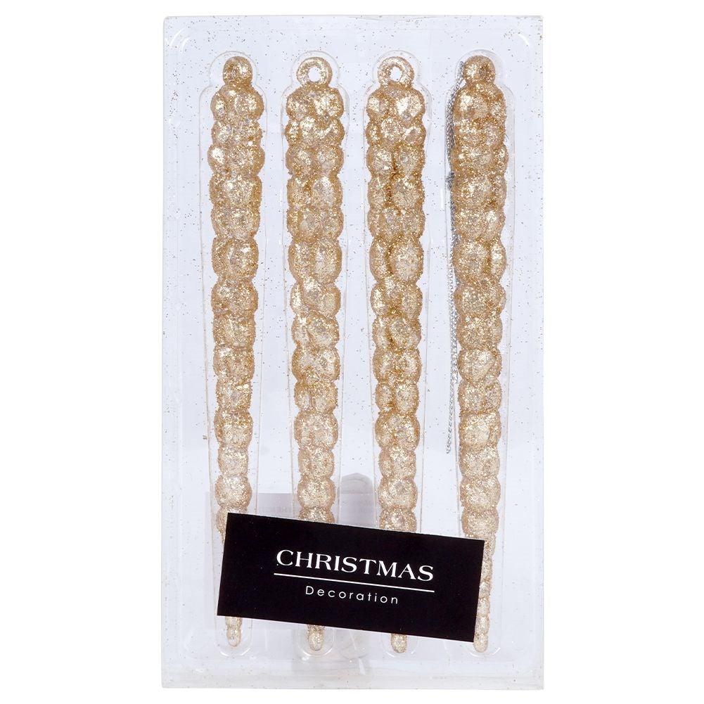 Set of 4 gold glitter icicle decorations in acrylic