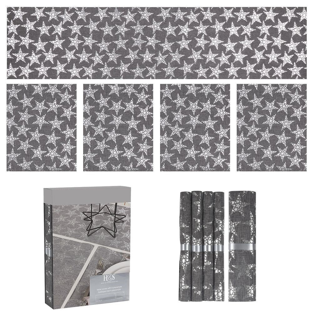 Set of 4 gray place mats and runners with silver stars