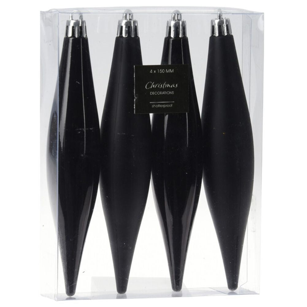 Set of 4 unbreakable black Christmas tree balls in icicle shape