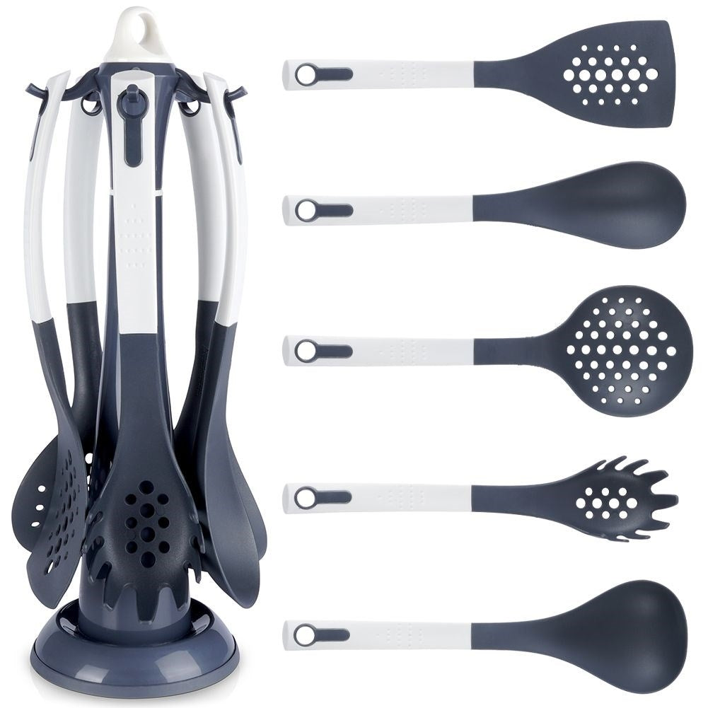 Set of 5 kitchen utensils in nylon with stand, white/graphite grey