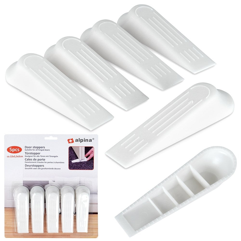 Set of 5 white plastic door stops, protects doors and floors
