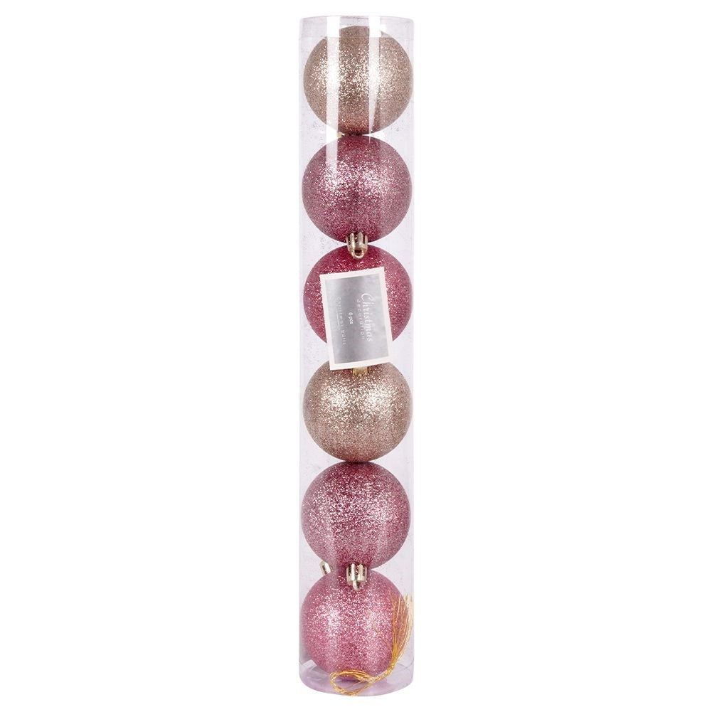 Set of 6 unbreakable and glittering Christmas tree balls in pink