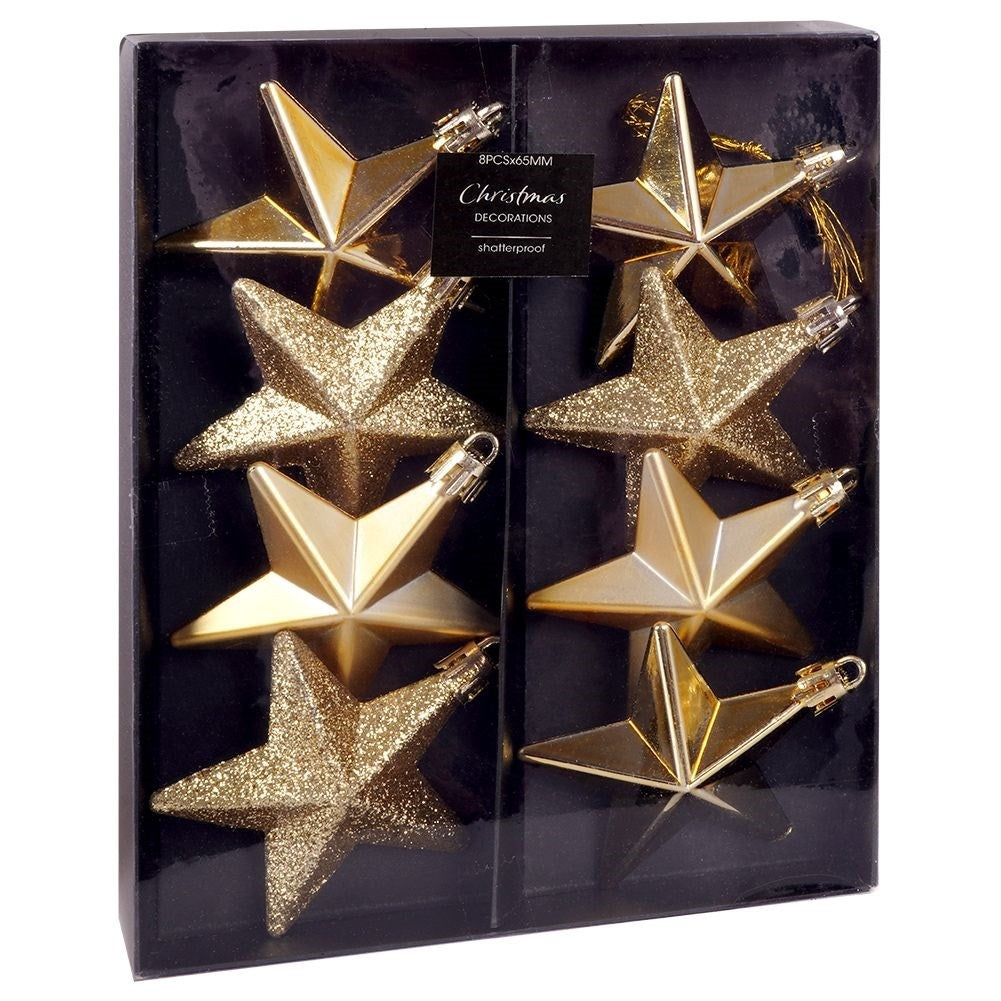 Set of 8 unbreakable star-shaped Christmas tree balls in gold