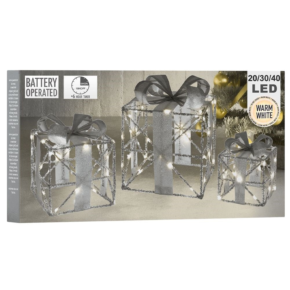 Set of Three Christmas Gifts in Silver with LED lights