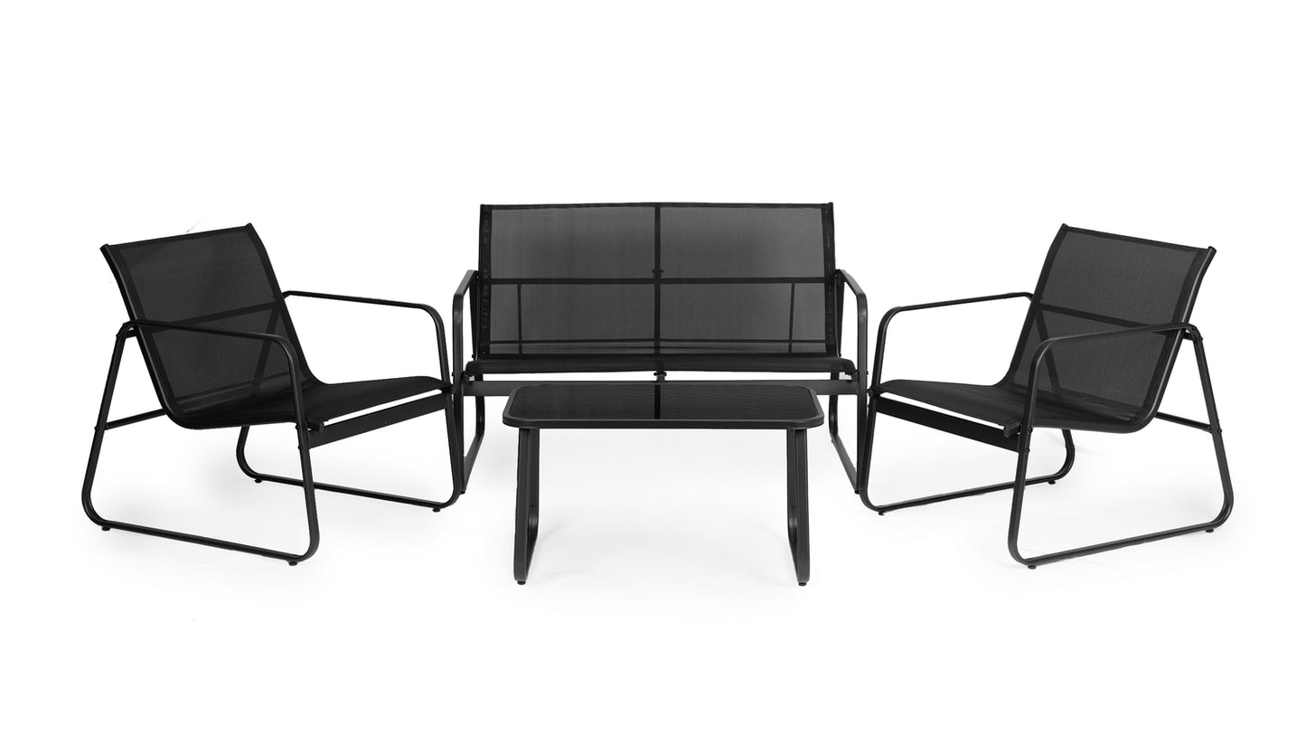 Set of garden furniture, metal chair frame, bench and black table