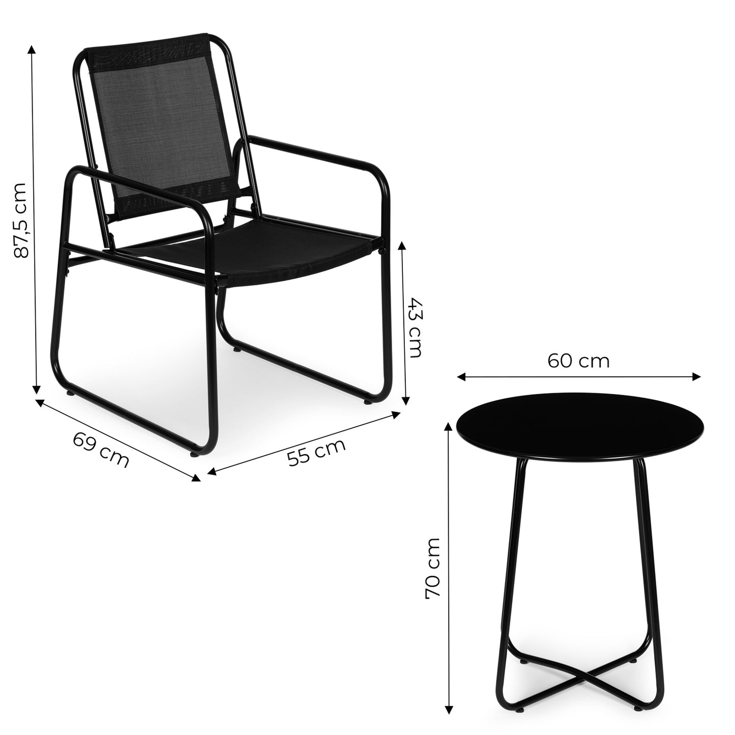 Set of garden furniture, two chairs, black table