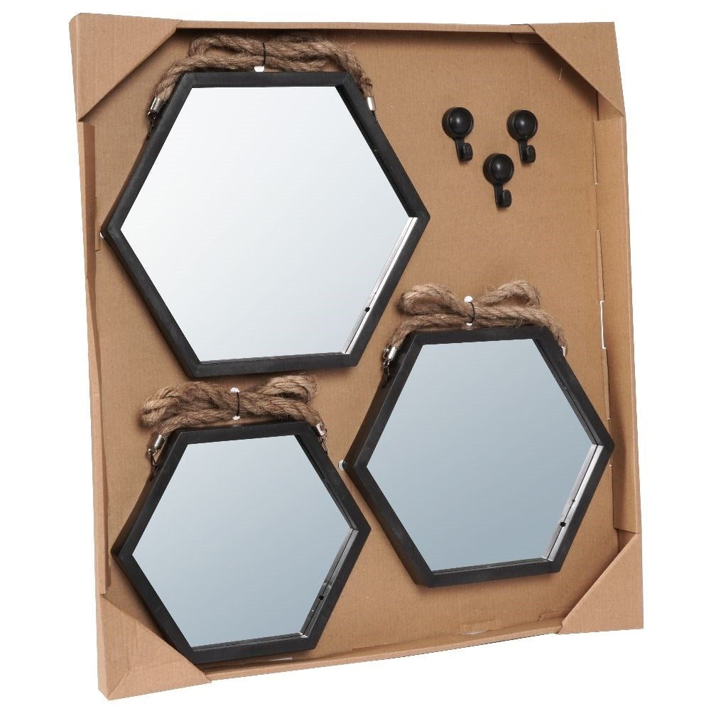 Set of three stylish hexagon mirrors with black frame