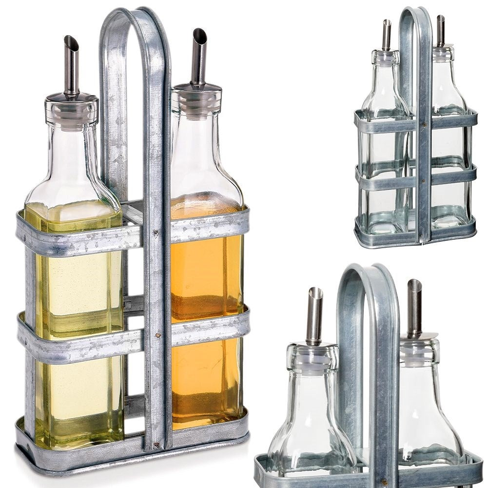 Set of two glass bottles with dispenser and stand in stainless steel